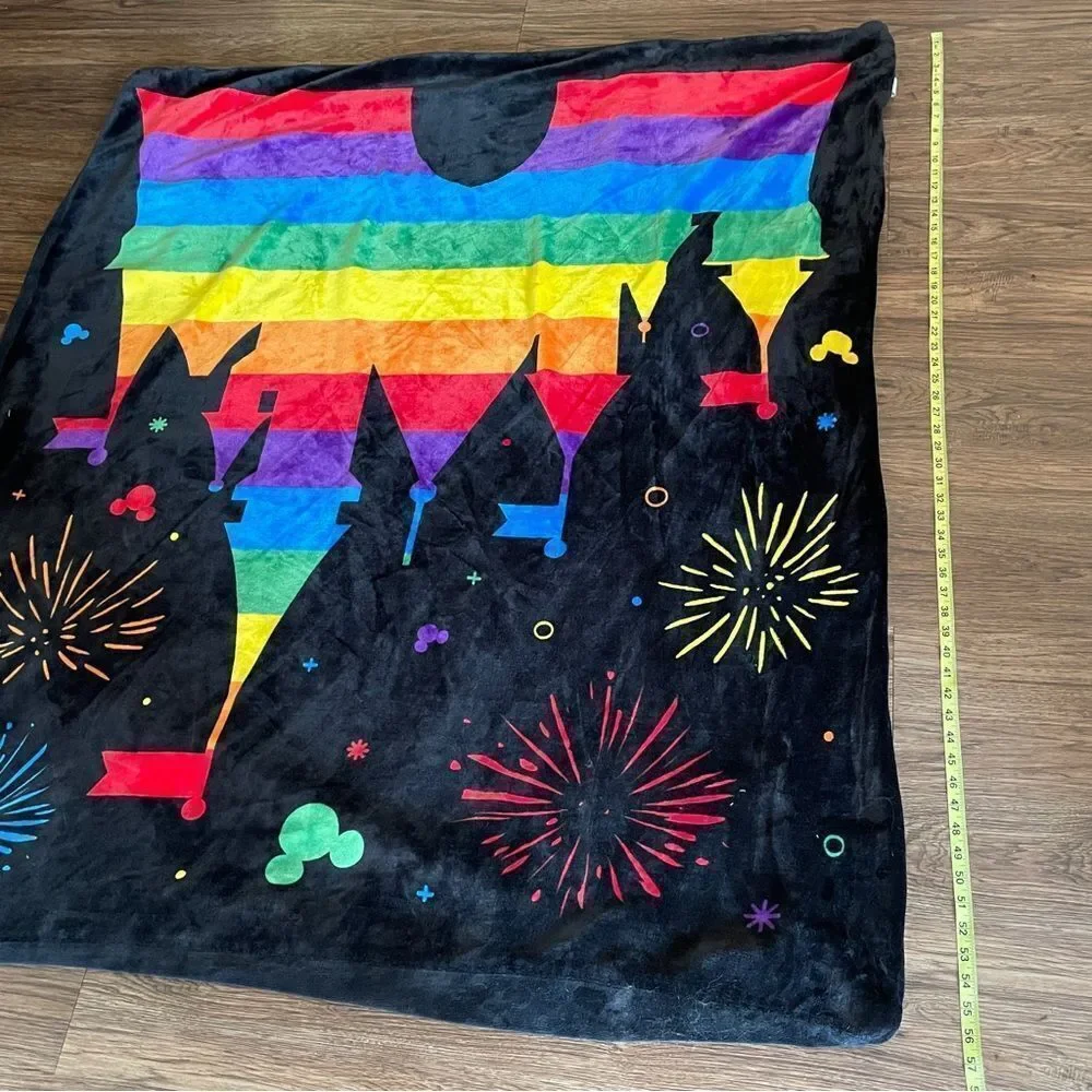 Disney Mickey Rainbow and Castle Sequin Plush Throw 48” x 56” Black and Rainbow